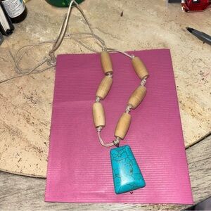 Turquoise Type Pendent Necklace Homemade Wooded Spools Corded Rope 14” Long